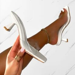 Peony White Mid Heel Mules