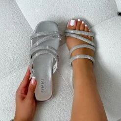 Pettle Silver Diamante Strappy Flat Sandals