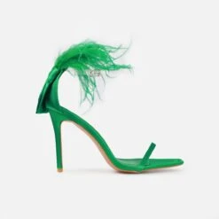 Plume Green Satin Clear Fluffy Bow Heels