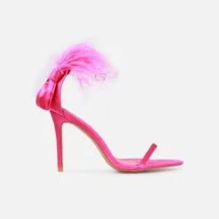 Plume Pink Satin Clear Fluffy Bow Heels