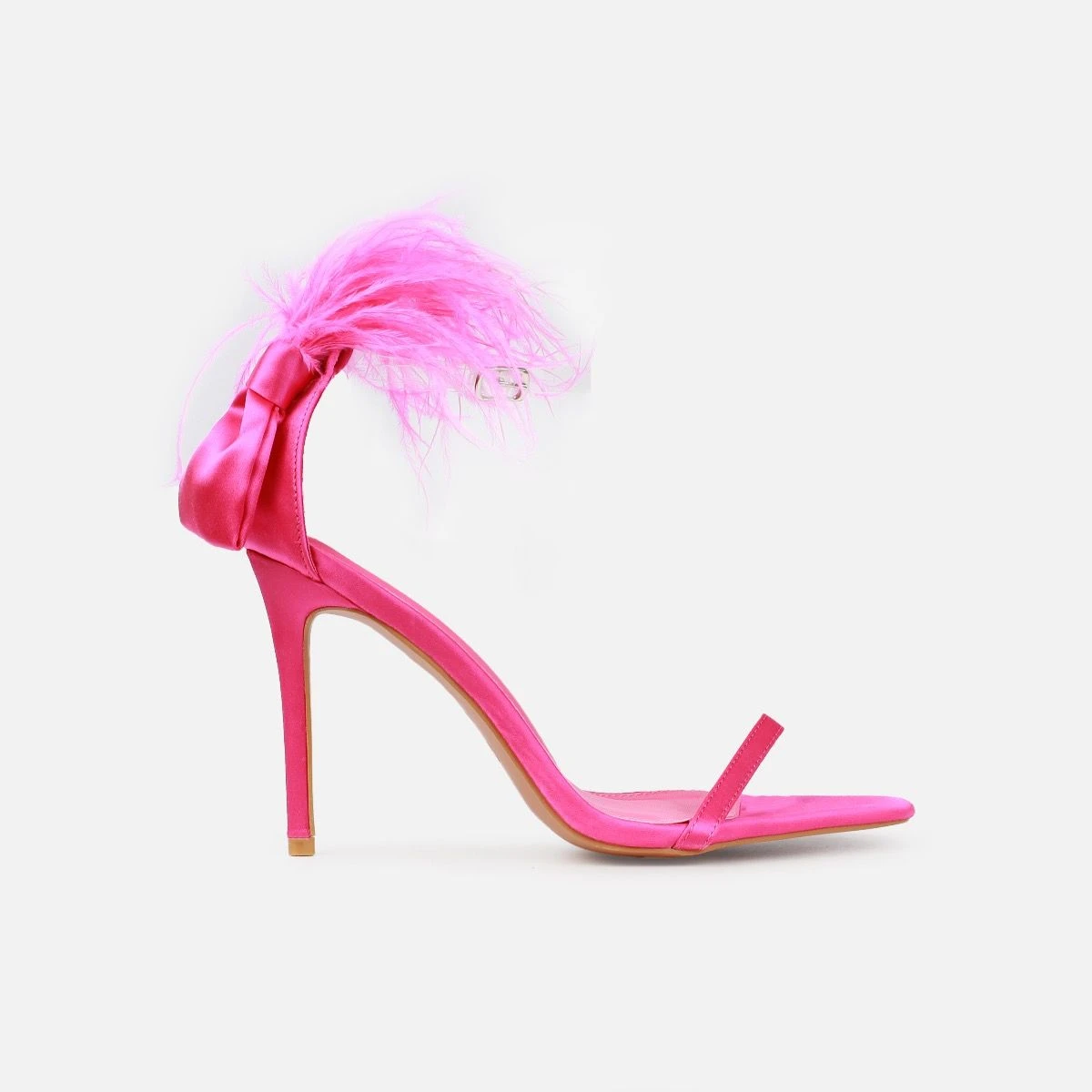 Plume Pink Satin Clear Fluffy Bow Heels