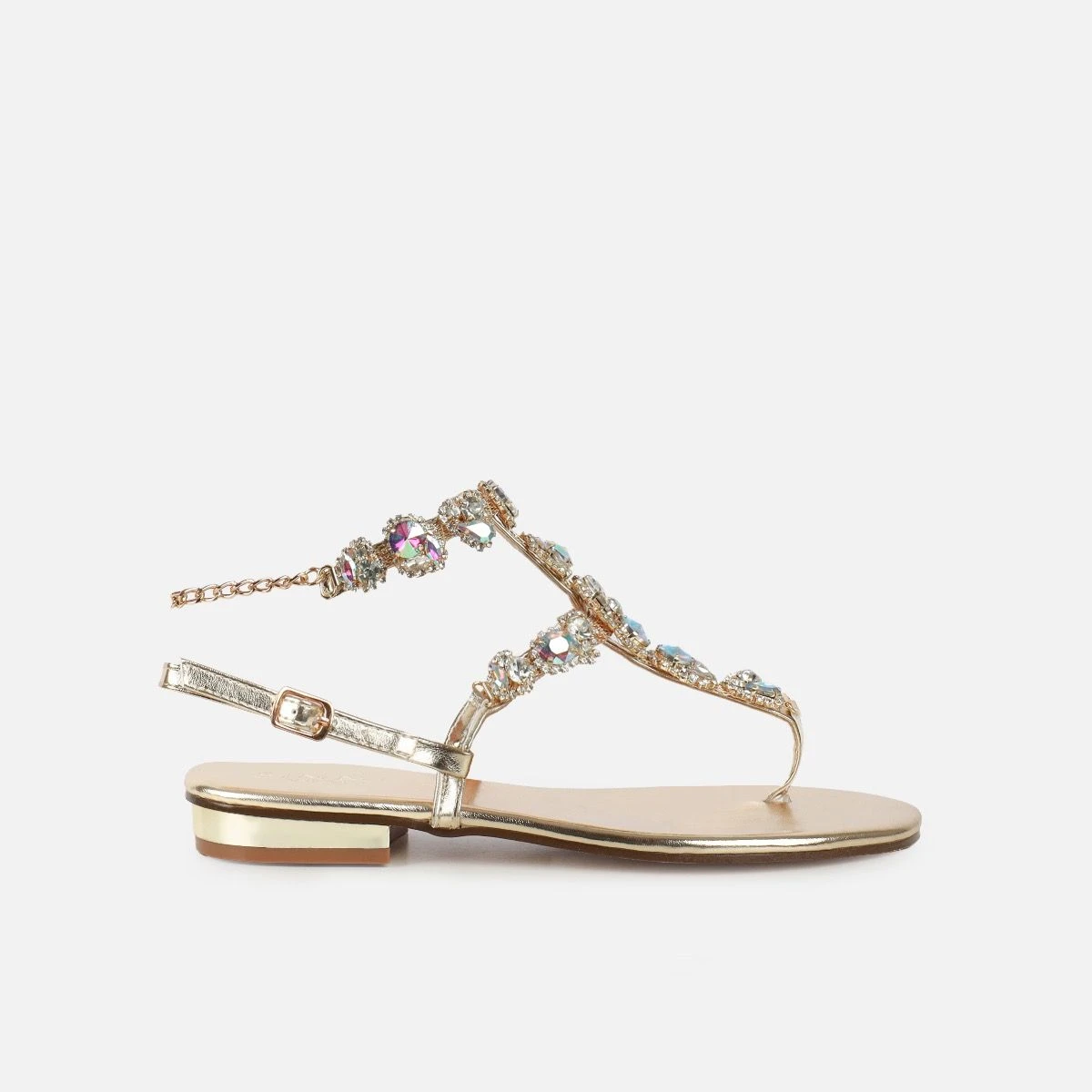 Praire Gold Diamante Toe Thong Flat Sandals - Image 2