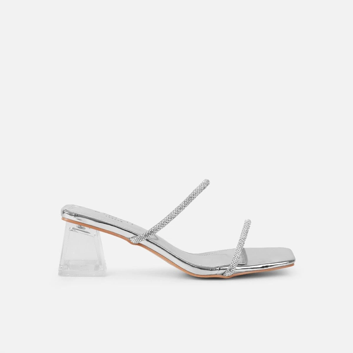 Paytoni Silver Mirror Clear Block Heel Diamante Mules - Image 2