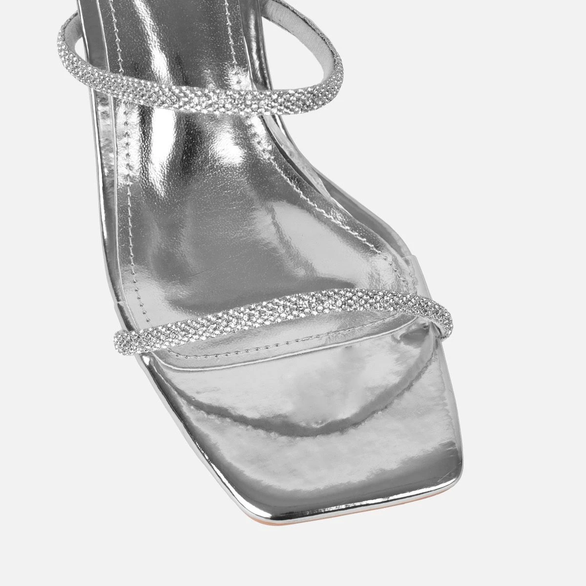 Paytoni Silver Mirror Clear Block Heel Diamante Mules - Image 4