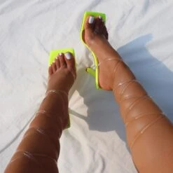 Quinn Yellow Faux Snake Print Clear Lace Up Thong Heels