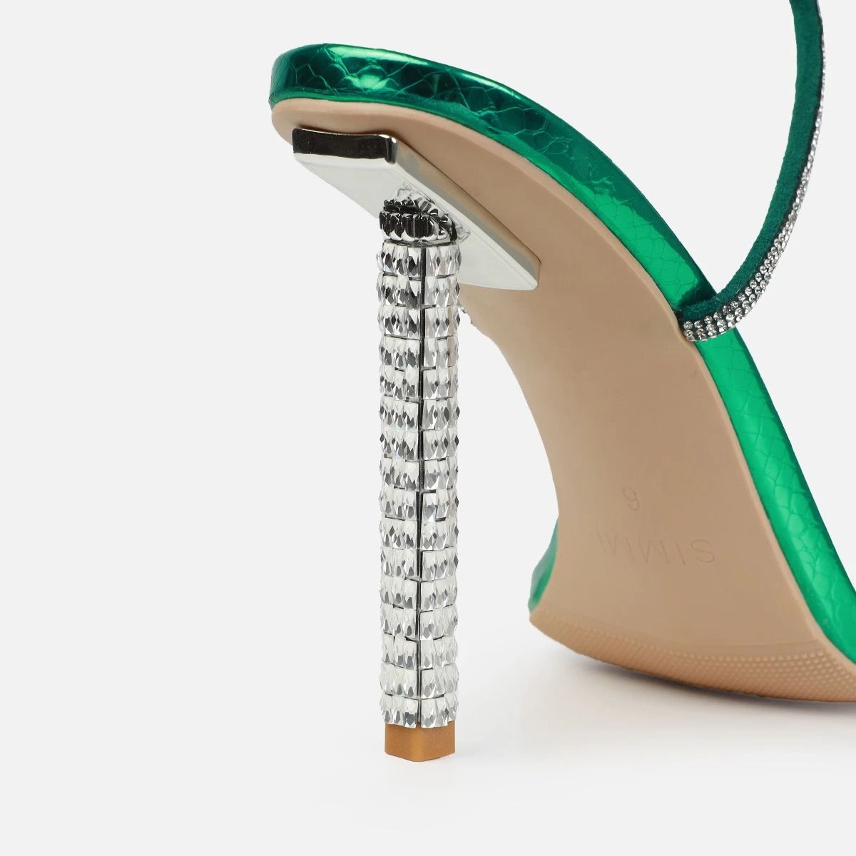 Rainbow Green Faux Snake Print Diamante Heels - Image 3