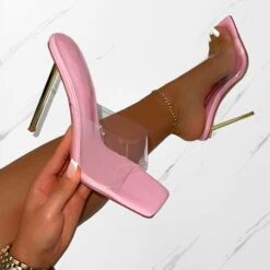 Raye Pink Clear Square Toe Stiletto Mules