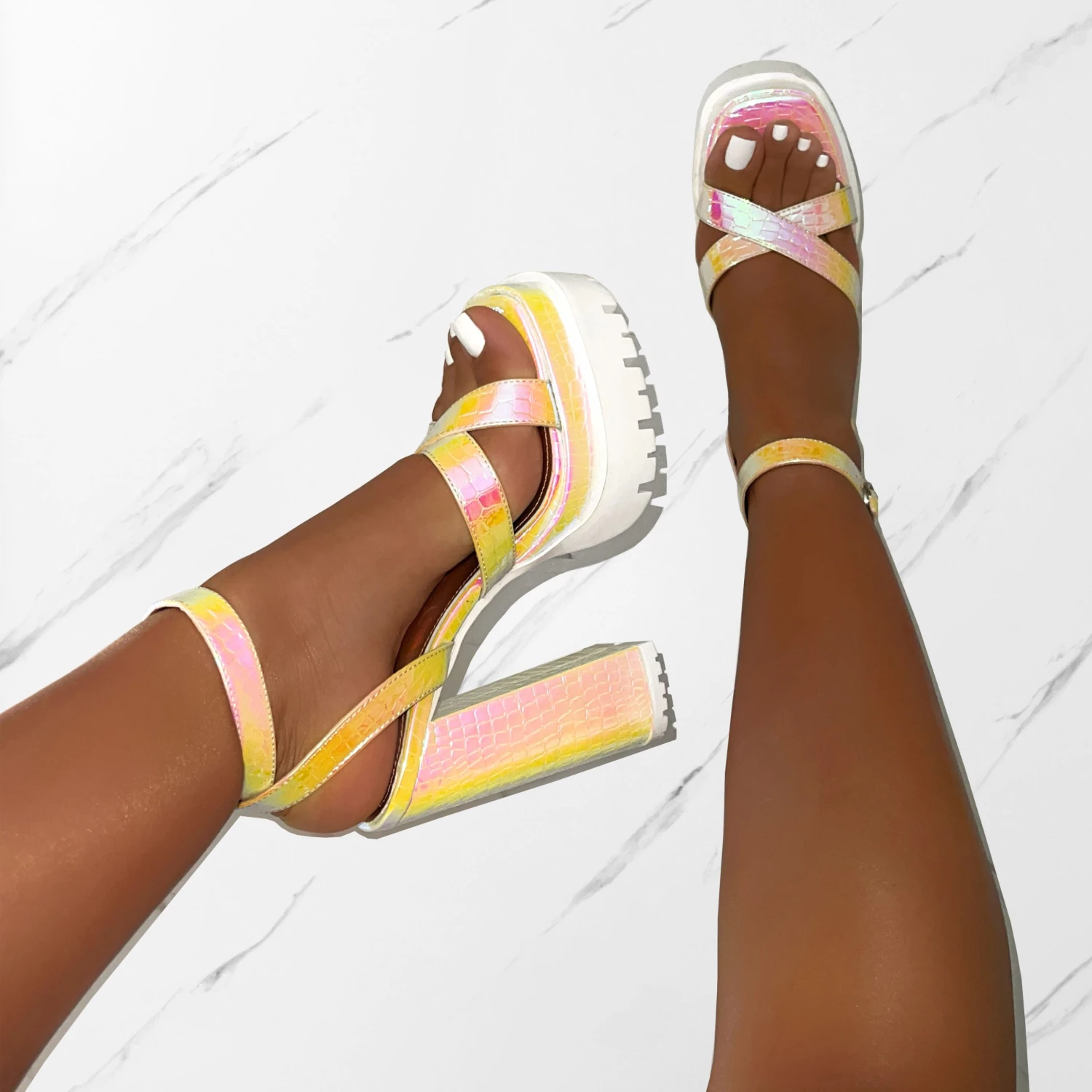 Roshan Iridescent Faux Snake Print Platform Block Heels