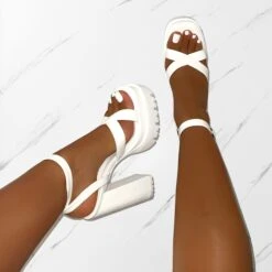 Roshan White Platform Block Heels