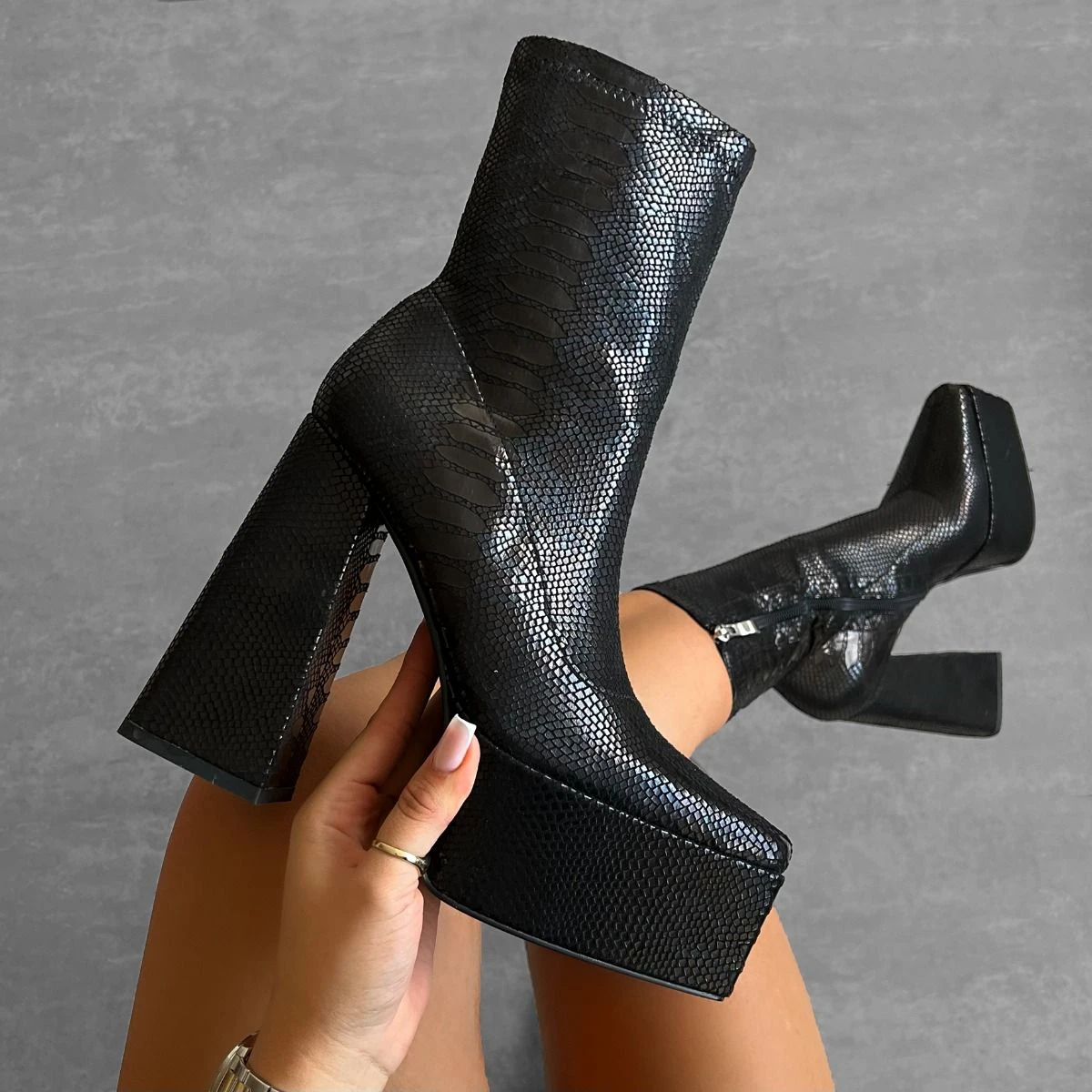 Ruman Black Faux Snake Print Platform Ankle Boots