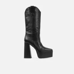 Rodeo Black Platform Block Heel Western Calf Boots