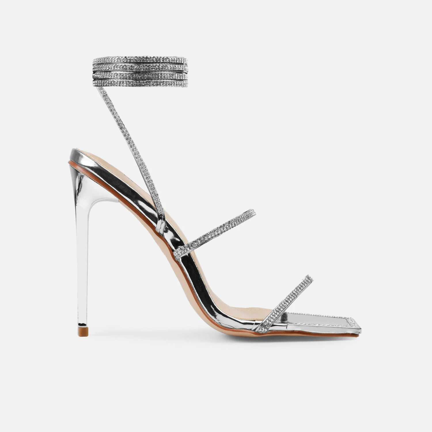 Ignite Silver Diamante Lace Up Stiletto Heels - Image 2