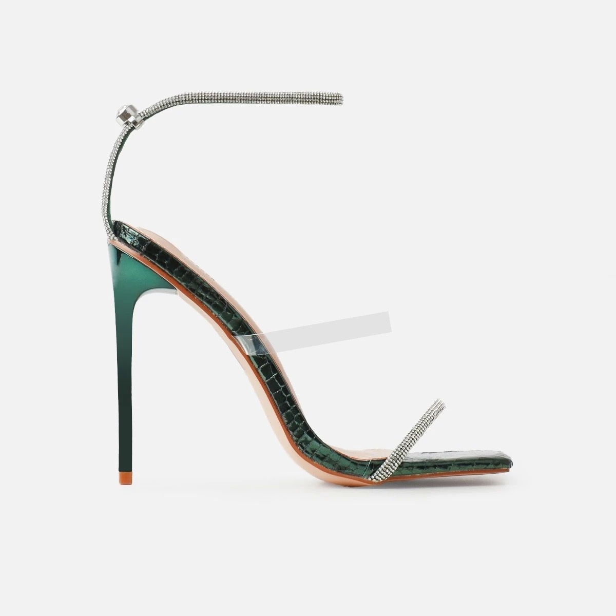 Sammi Green Faux Snake Print Clear Diamante Toggle Stiletto Heels