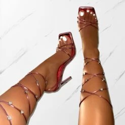 Heiti Pink Patent Diamante Heart Lace Up Heels