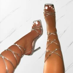 Heiti Silver Patent Diamante Heart Lace Up Heels
