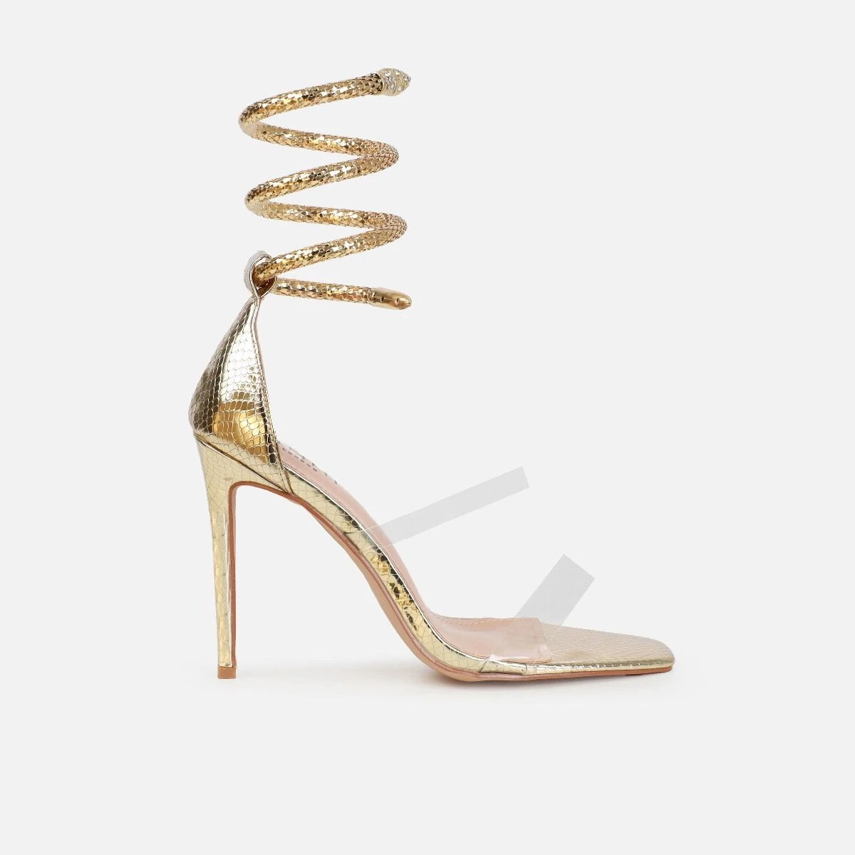 Medusa Light Gold Snake Print Cuff Stiletto Heels - Image 2