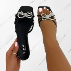 Santos Black Diamante Bow Flat Sandals