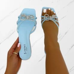 Santos Baby Blue Diamante Bow Flat Sandals