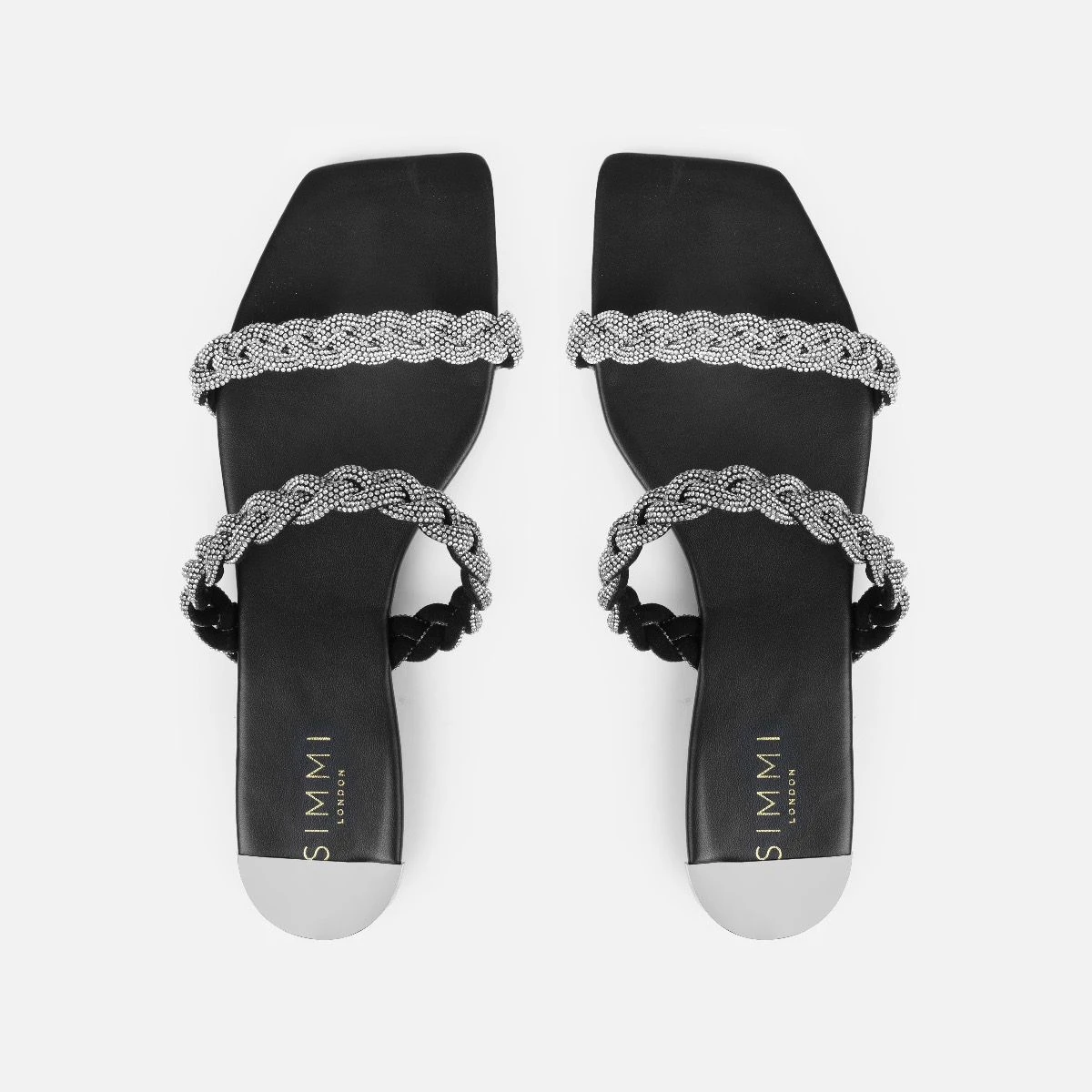 Fayay Wide Fit Black Diamante Plait Flat Slides - Image 3