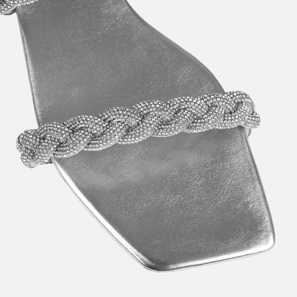 Fayay Wide Fit Silver Diamante Plait Flat Slides - Image 4