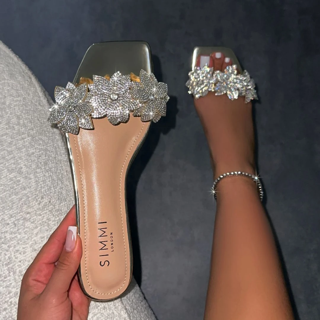 Abbie Gold Mirror Flower Diamante Flat Sandals