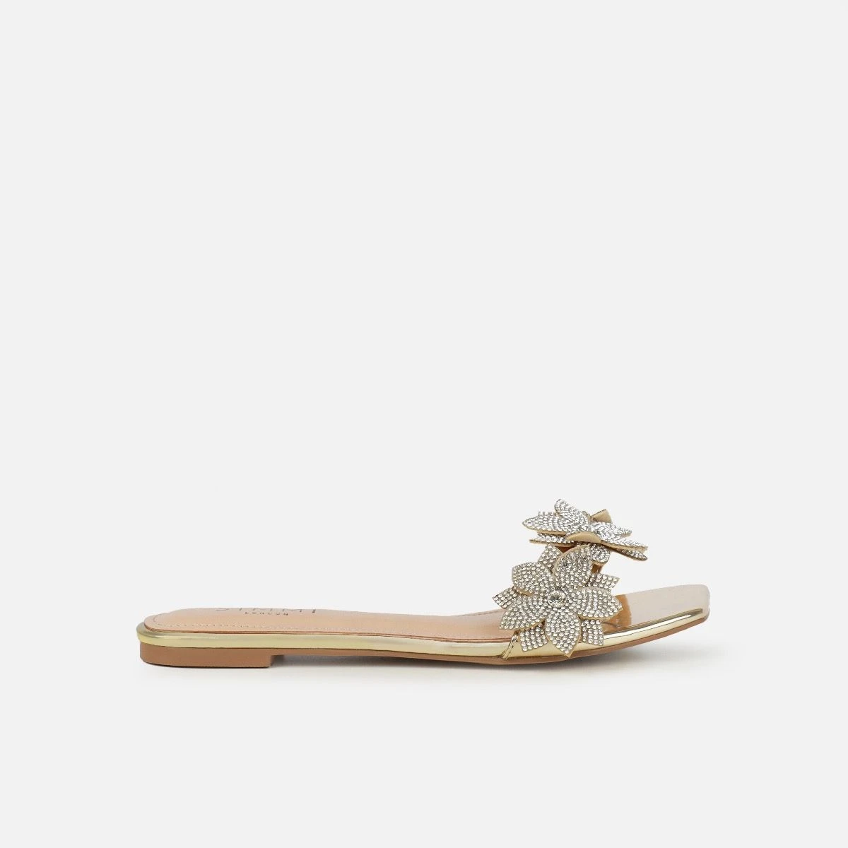 Abbie Gold Mirror Flower Diamante Flat Sandals - Image 2