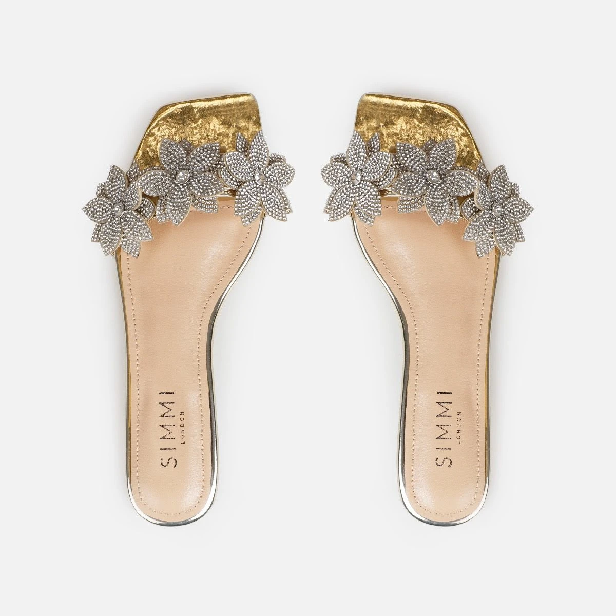 Abbie Gold Mirror Flower Diamante Flat Sandals - Image 3
