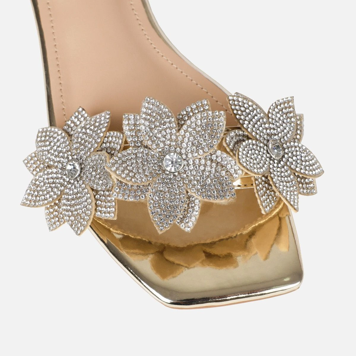 Abbie Gold Mirror Flower Diamante Flat Sandals - Image 4