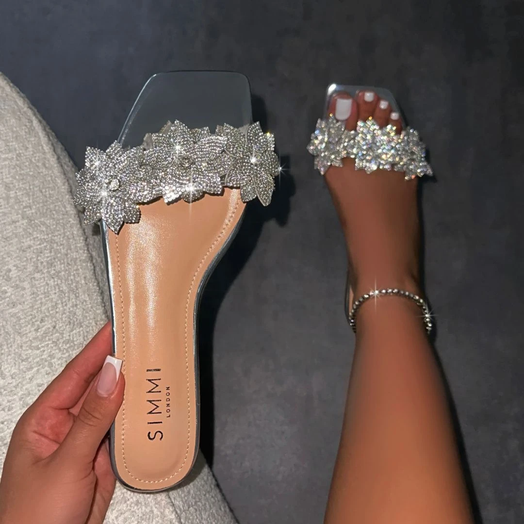 Abbie Silver Mirror Flower Diamante Flat Sandals