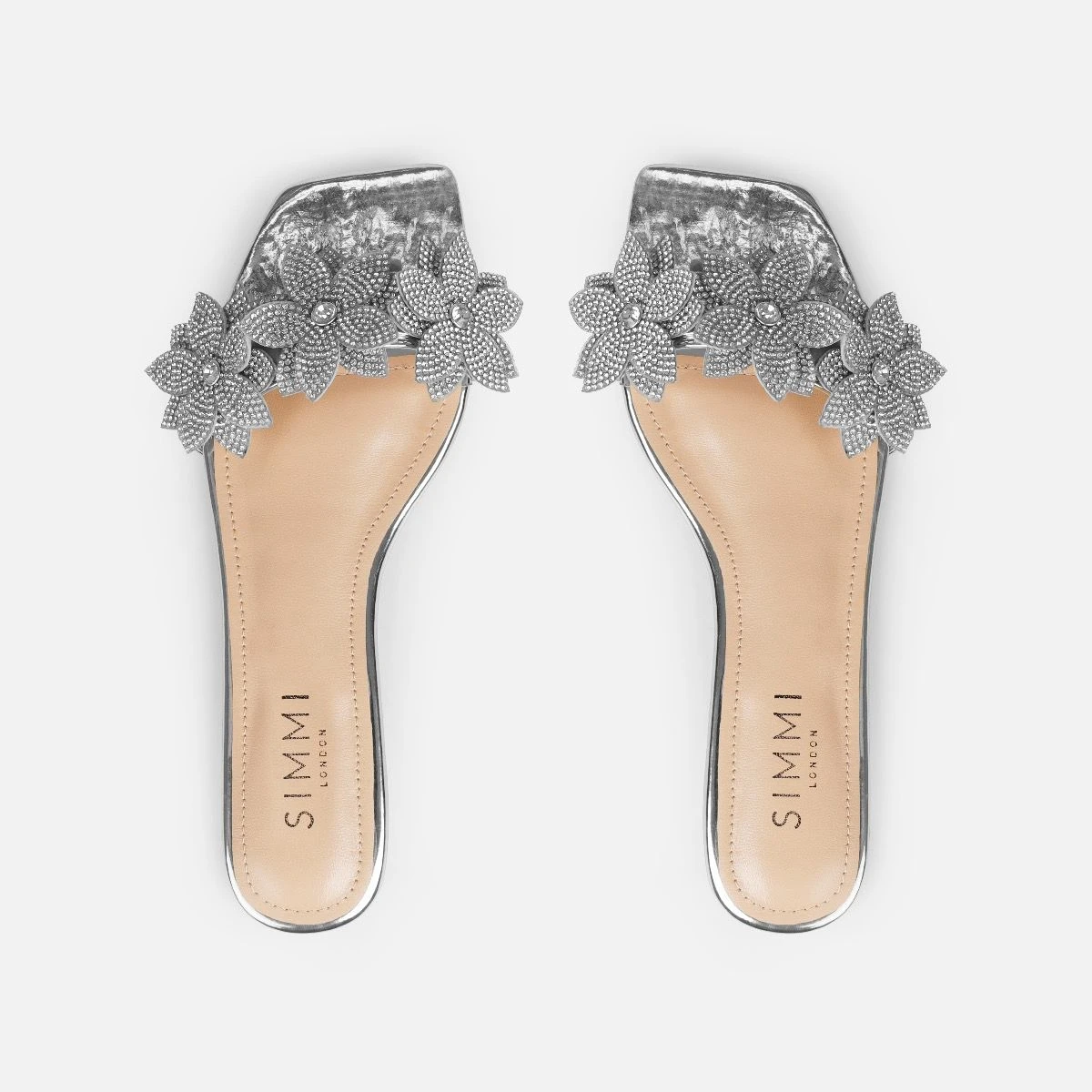 Abbie Silver Mirror Flower Diamante Flat Sandals - Image 3