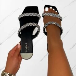 Fayay Black Diamante Plait Flat Slides