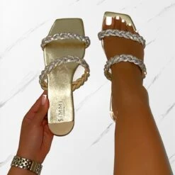 Fayay Gold Diamante Plait Flat Slides