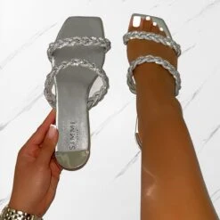 Fayay Silver Diamante Plait Flat Slides