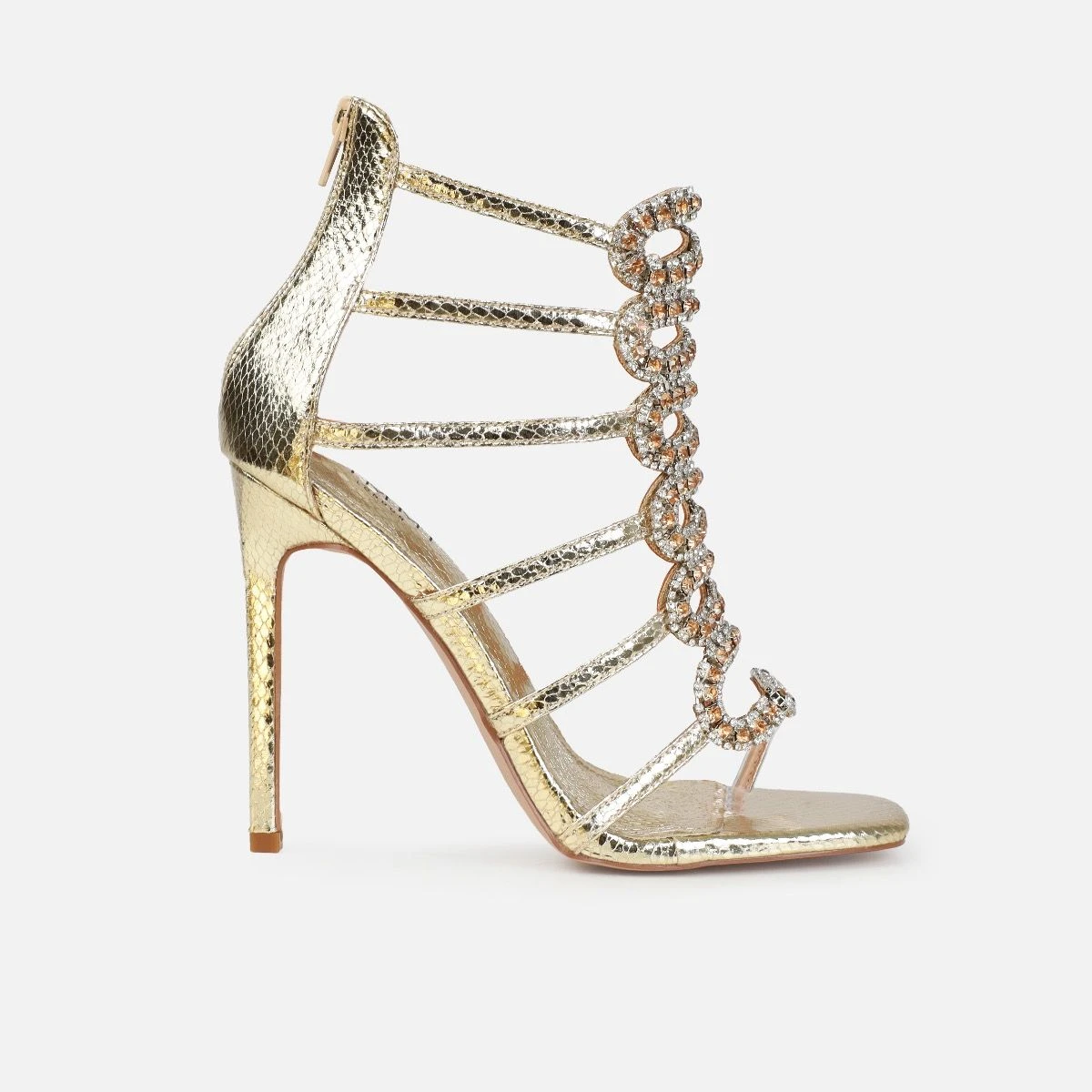 Viper Gold Faux Snake Print Diamante Stiletto Heels - Image 2