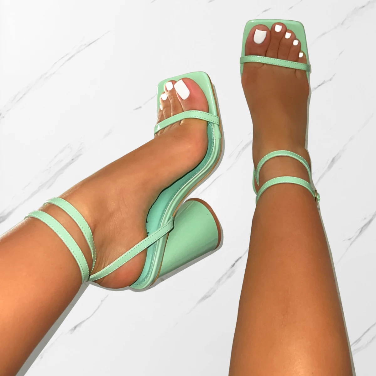 Nikitay Mint Green Round Block Strappy Heels