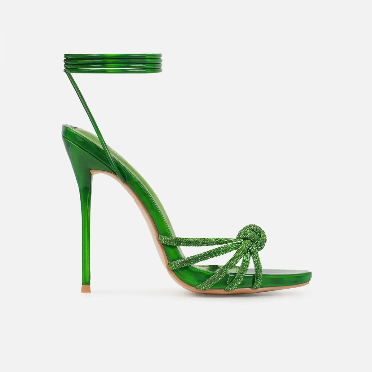 Tasha Ghouri Diamonique Green Diamante Lace Up Heels - Image 2