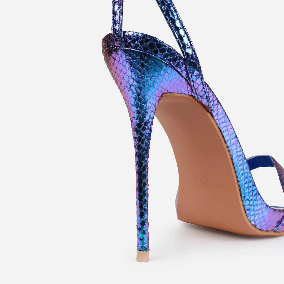 Pipera Blue Iridescent Faux Snake Print Strappy Stiletto Heels - Image 3