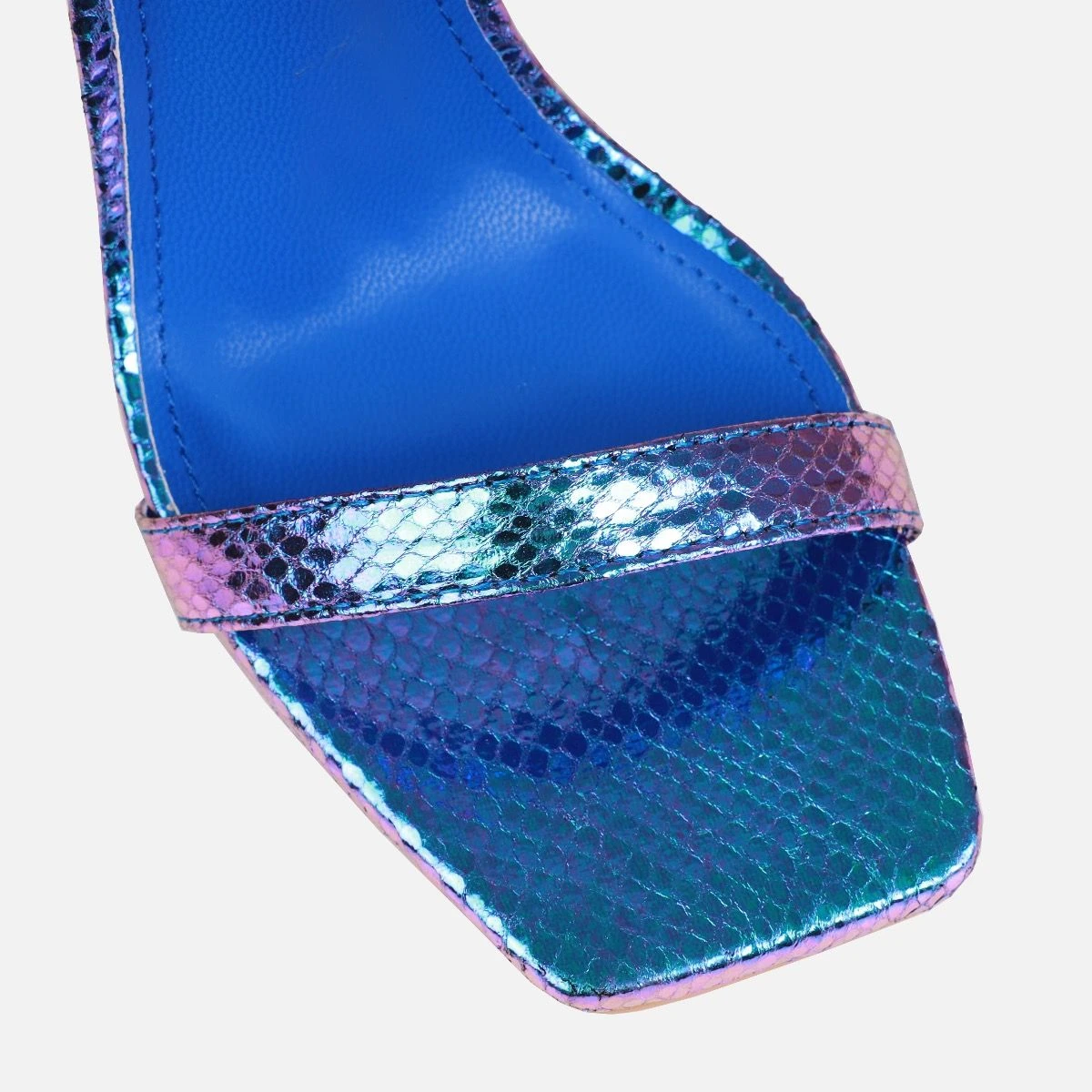 Pipera Blue Iridescent Faux Snake Print Strappy Stiletto Heels - Image 4