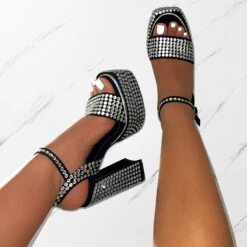 Simrah Black Diamante Platform Heels