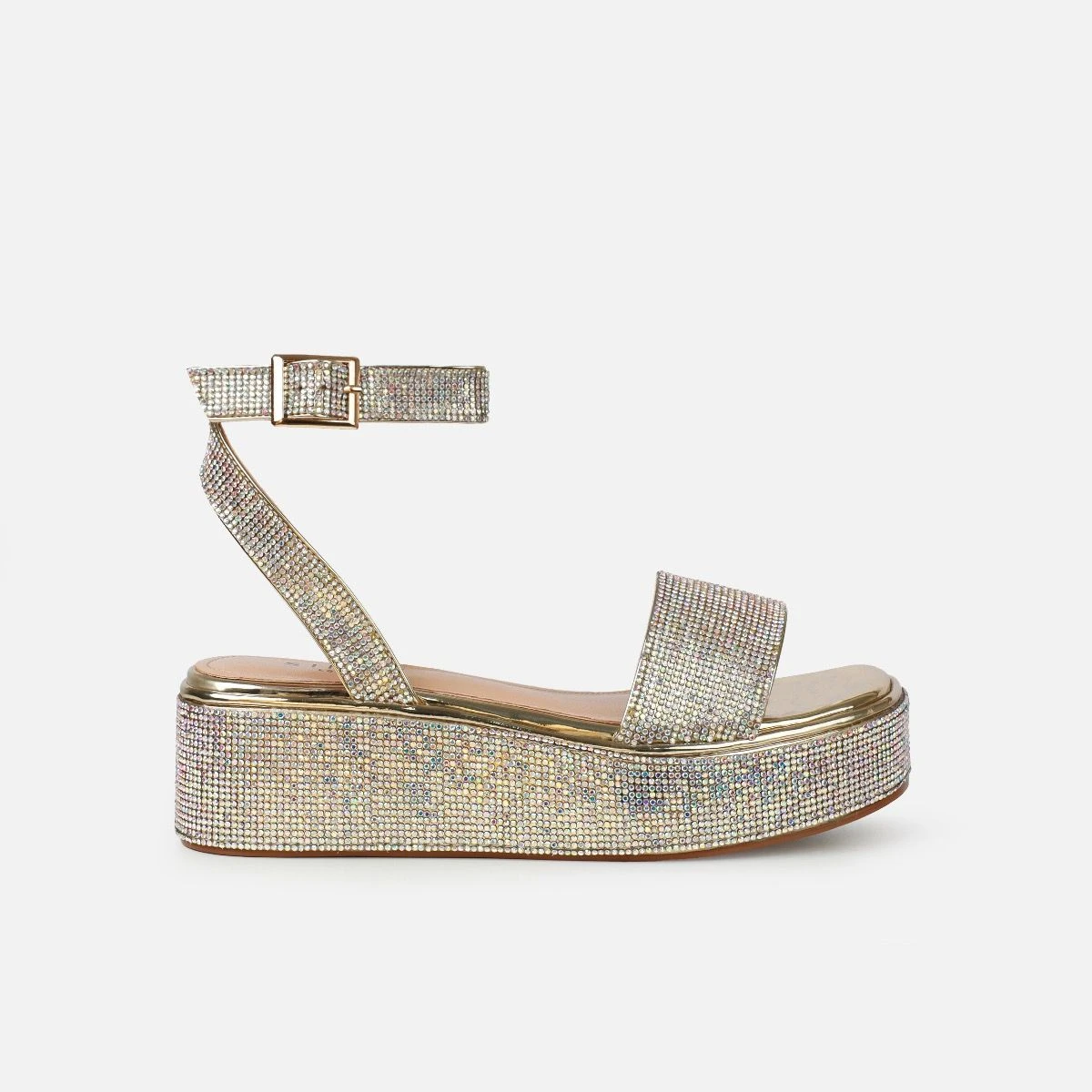 Brittany Gold Mirror Diamante Flatform Sandals - Image 2