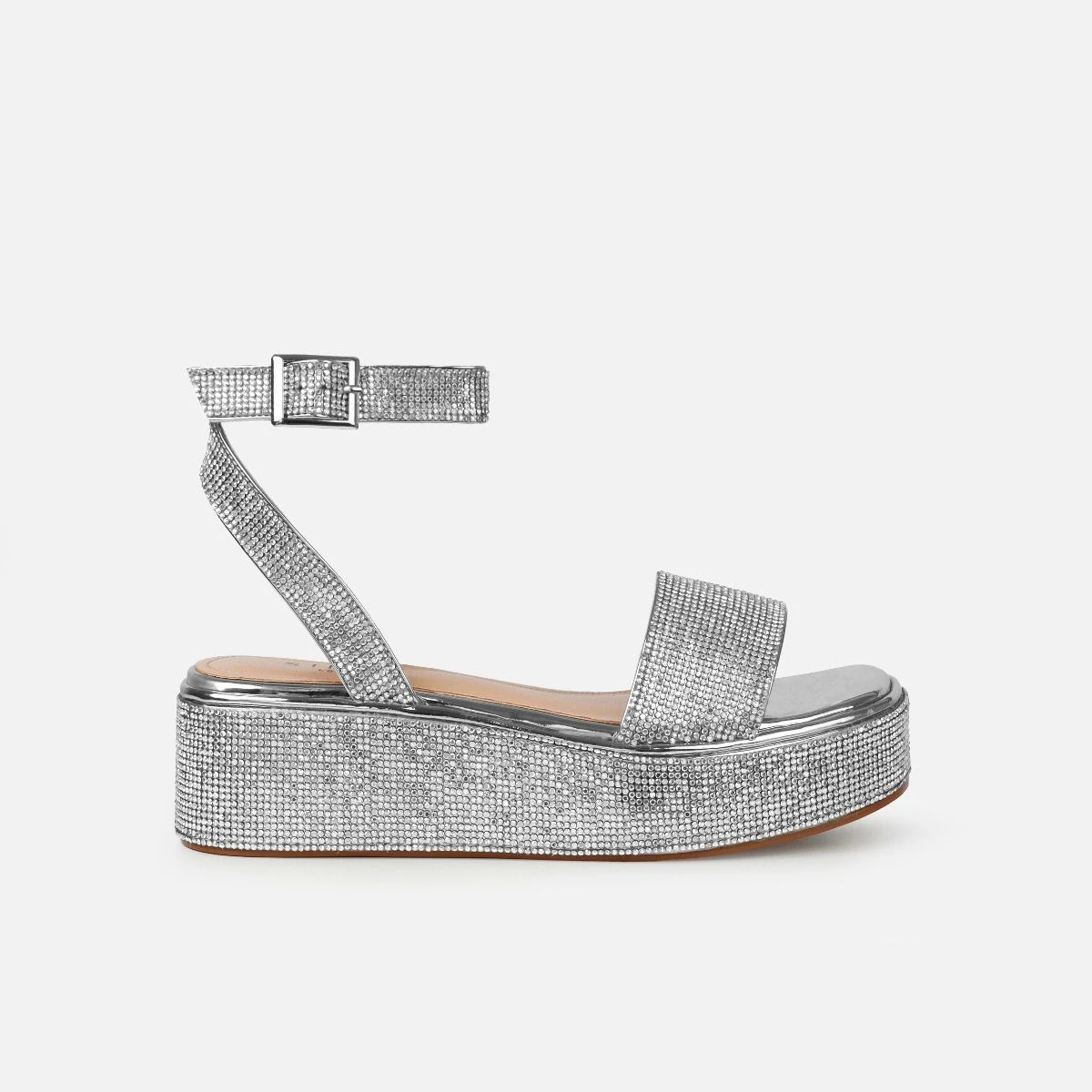 Brittany Silver Mirror Diamante Flatform Sandals - Image 2
