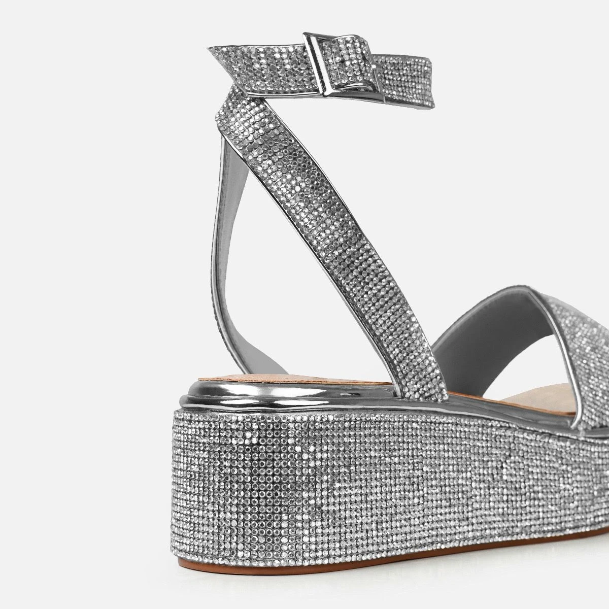Brittany Silver Mirror Diamante Flatform Sandals - Image 3