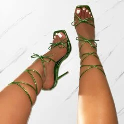 Sunniva Green Metallic Bow Detail Lace Up Heels