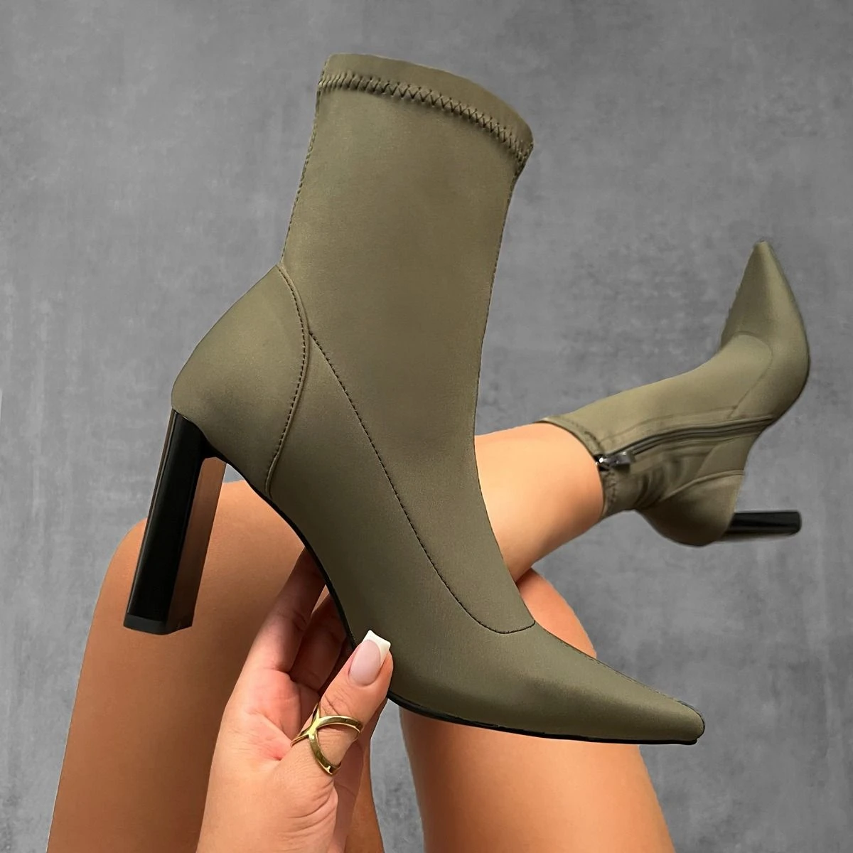 Taken Khaki Lycra Pointed Ankle Boots