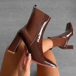 Tennessee Chocolate Patent Block Heel Ankle Boots