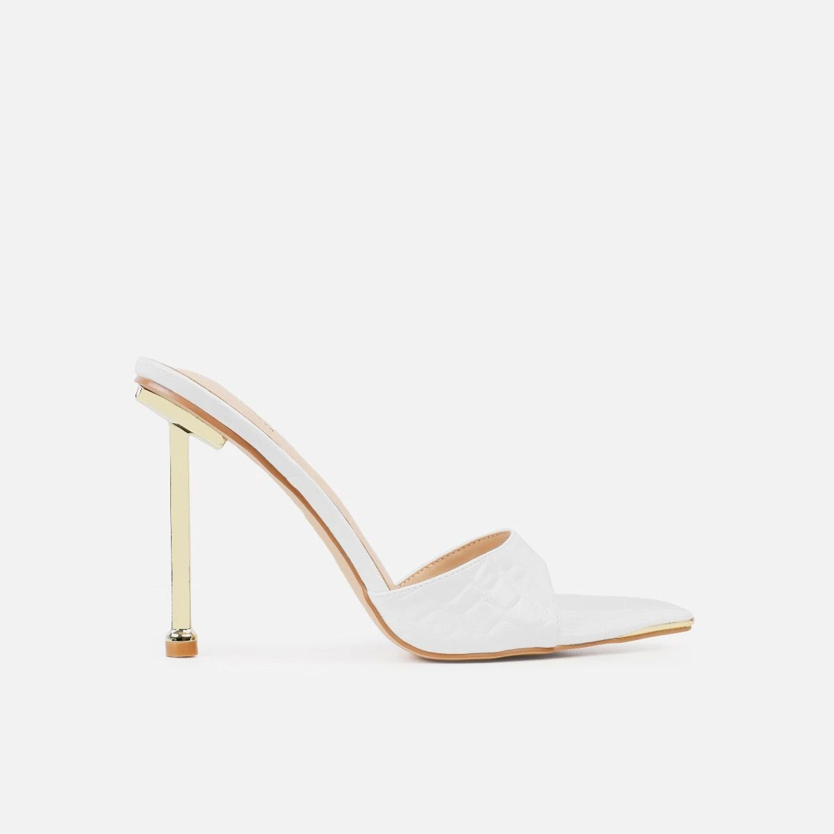 Torez White Faux Croc Print Metal Toe Cap Stiletto Mules - Image 3