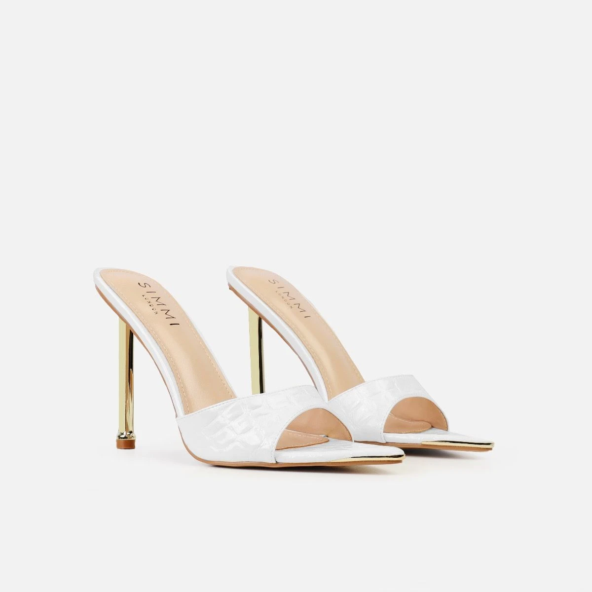 Torez White Faux Croc Print Metal Toe Cap Stiletto Mules - Image 4
