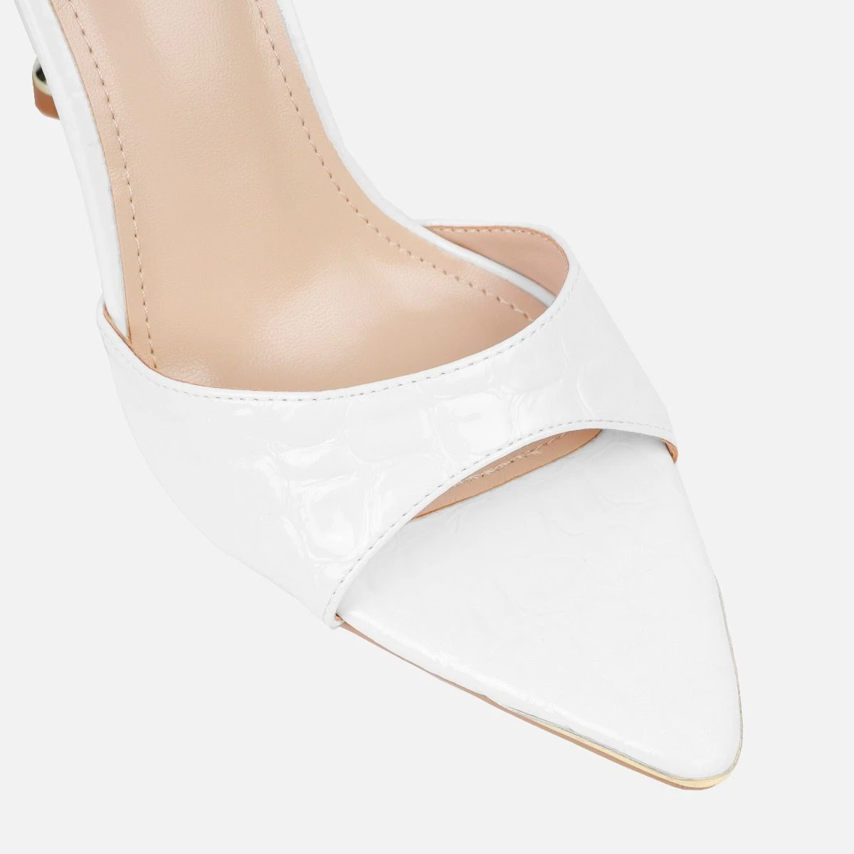 Torez White Faux Croc Print Metal Toe Cap Stiletto Mules - Image 5