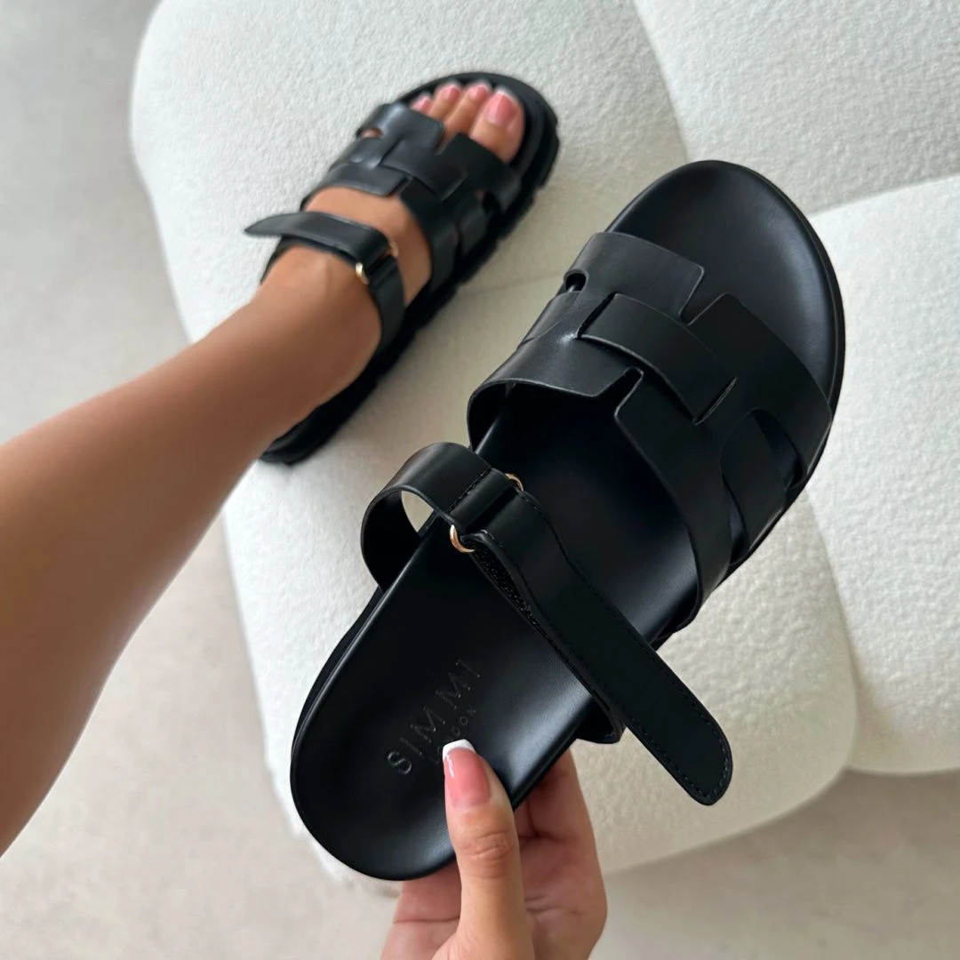 Adelle Black Chunky Velcro Strap Flat Sandals