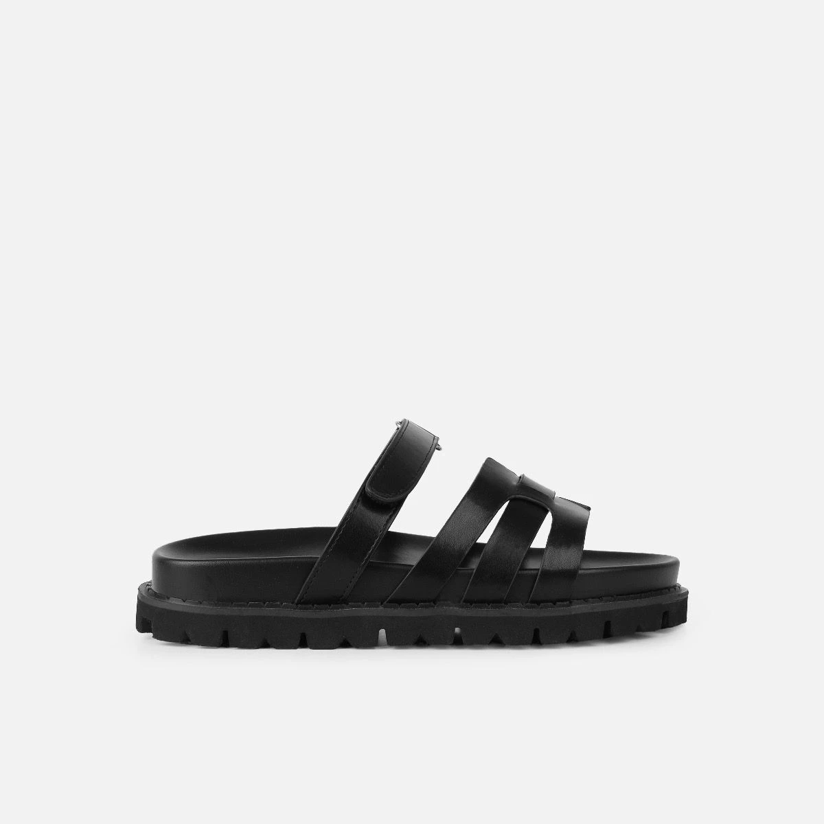 Adelle Black Chunky Velcro Strap Flat Sandals - Image 2
